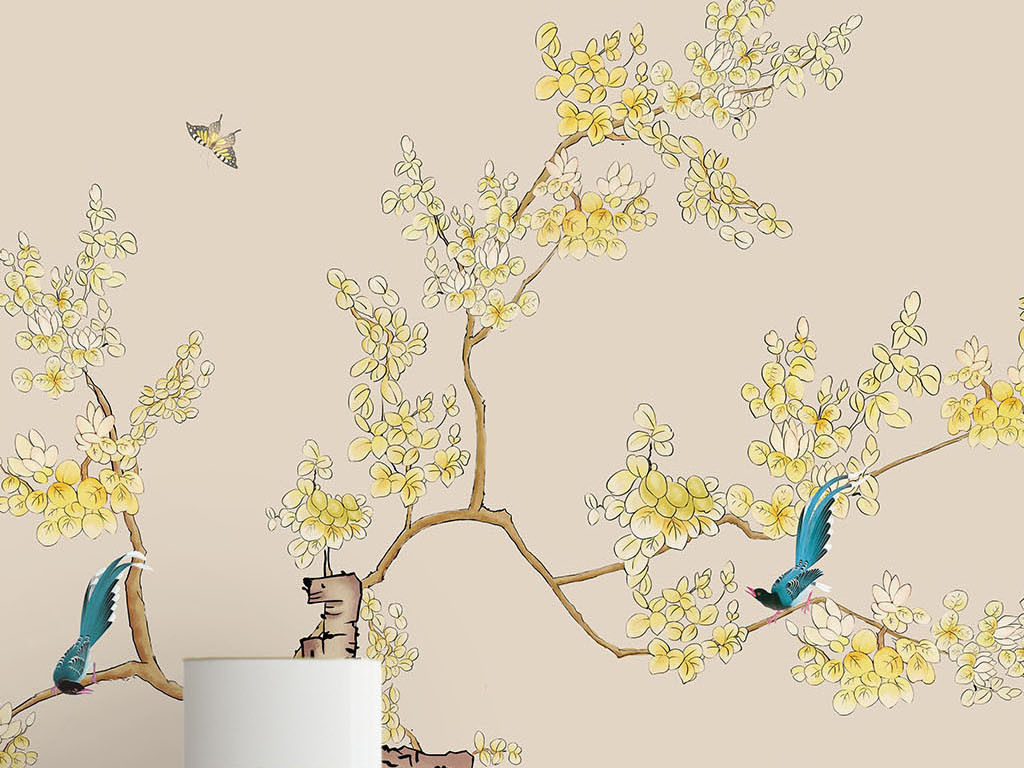 新中式写意水墨花鸟手绘 融合电视背景壁纸与布艺窗帘的艺术空间